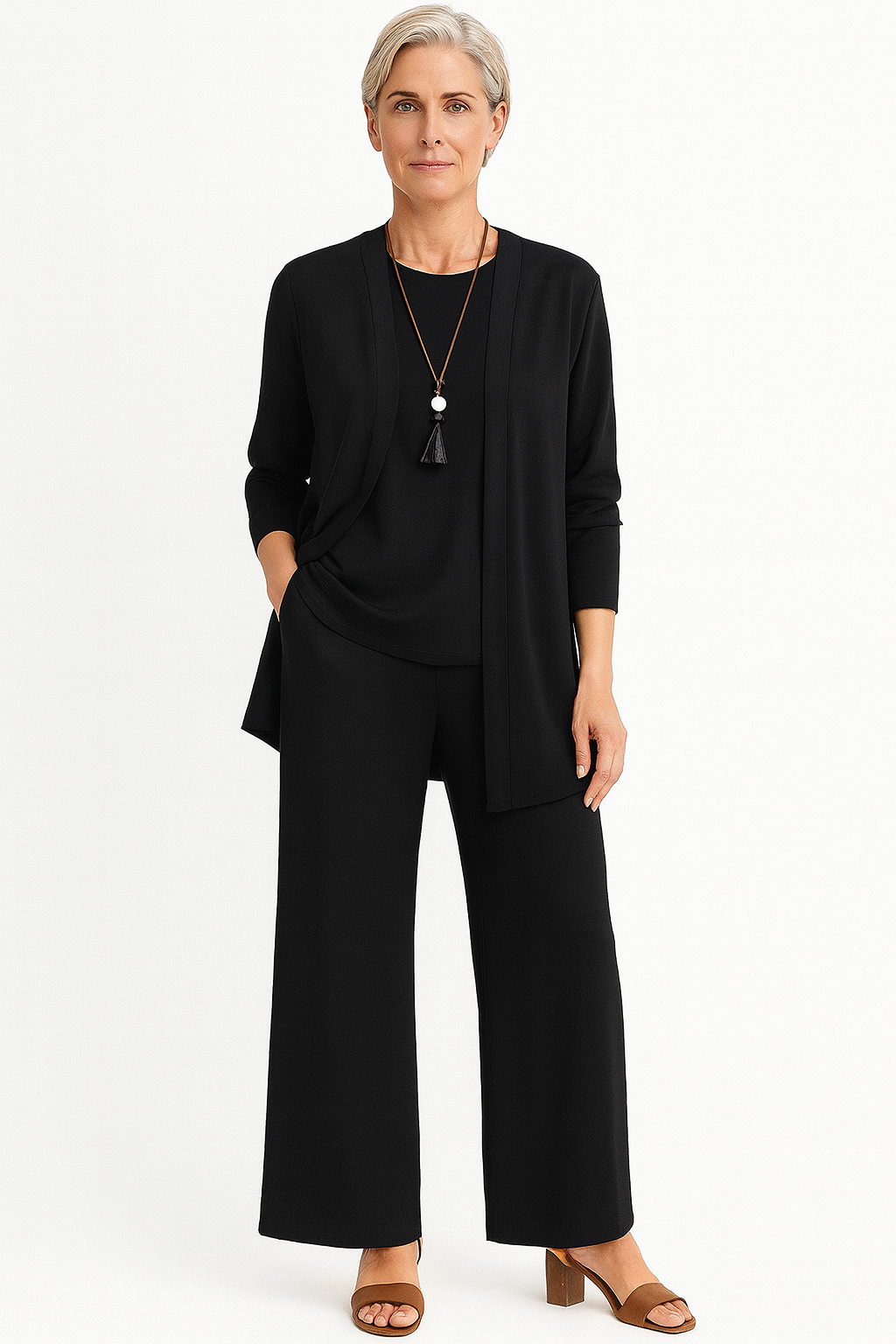 Diana | Open Front Cardigan, Sleeveless Vest & Wide Leg Trouser Three-Piece Set
