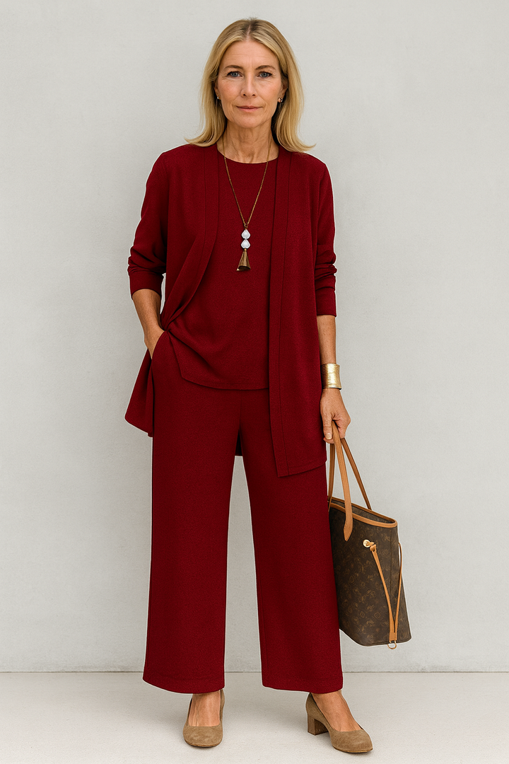 Diana | Open Front Cardigan, Sleeveless Vest & Wide Leg Trouser Three-Piece Set