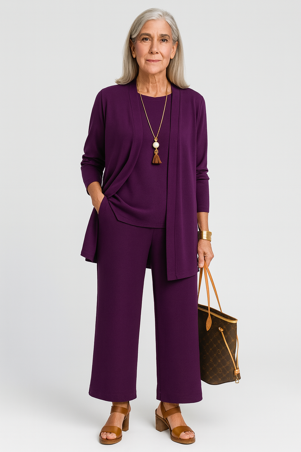 Diana | Open Front Cardigan, Sleeveless Vest & Wide Leg Trouser Three-Piece Set