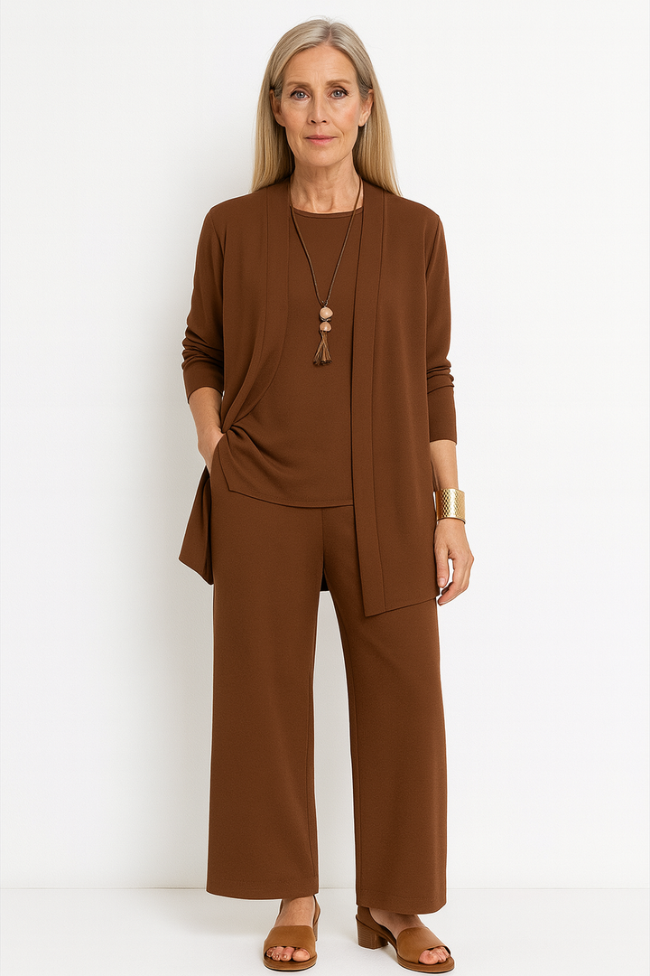 Diana | Open Front Cardigan, Sleeveless Vest & Wide Leg Trouser Three-Piece Set