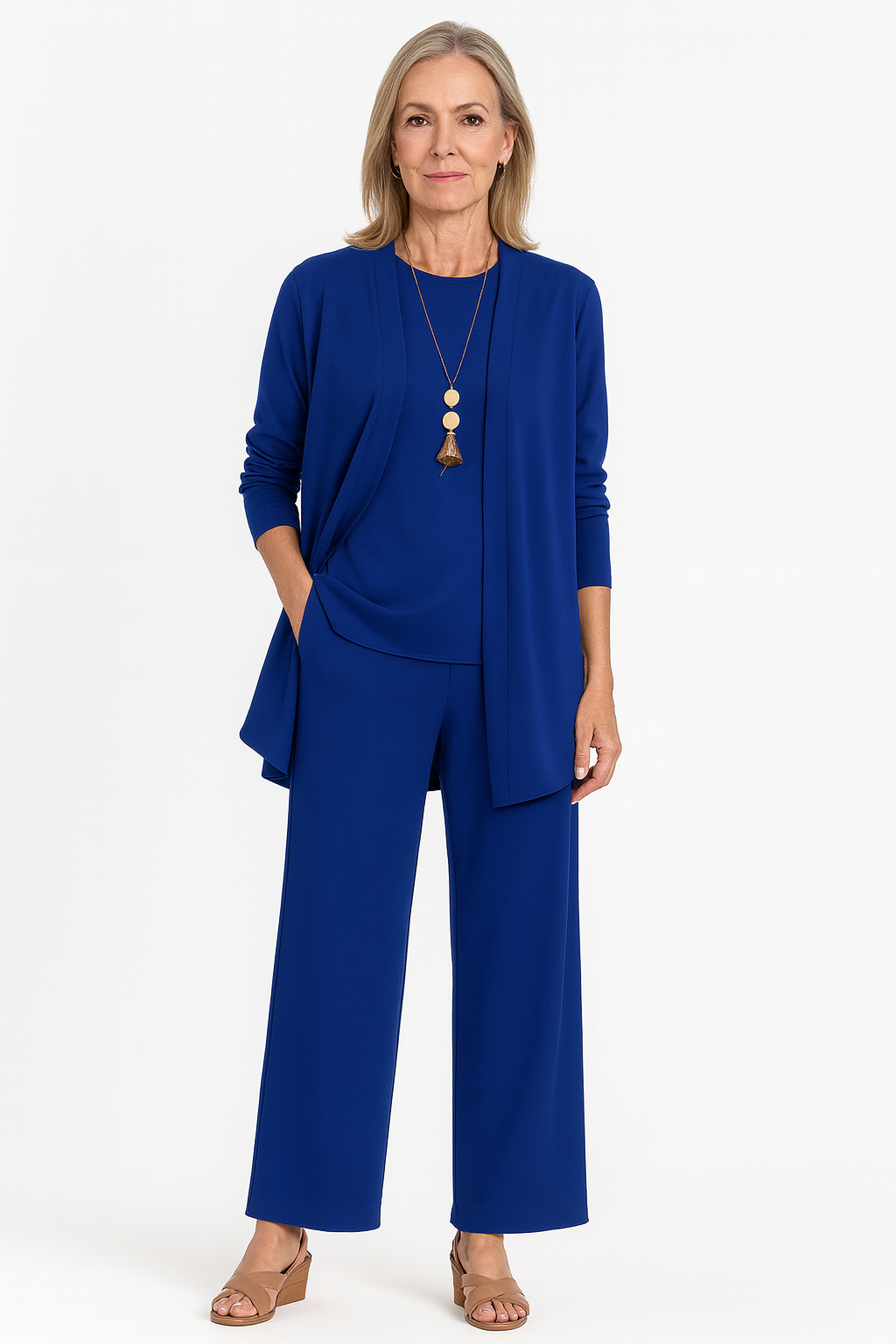 Diana | Open Front Cardigan, Sleeveless Vest & Wide Leg Trouser Three-Piece Set