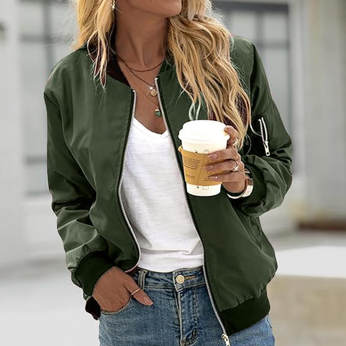 Isabelle | Women's Ribbed Trim Zip-Up Bomber Jacket