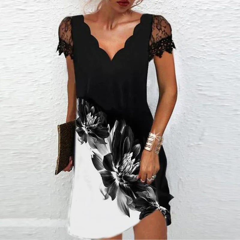 Vivienne | Scallop V-Neck Lace Sleeve Mini Dress