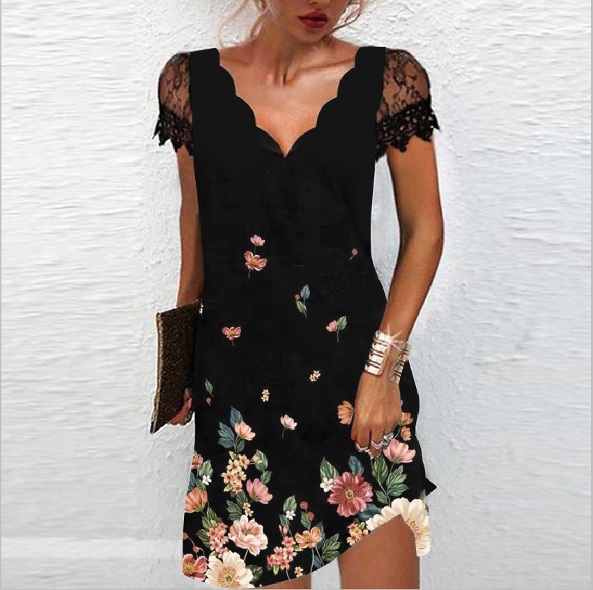 Vivienne | Scallop V-Neck Lace Sleeve Mini Dress
