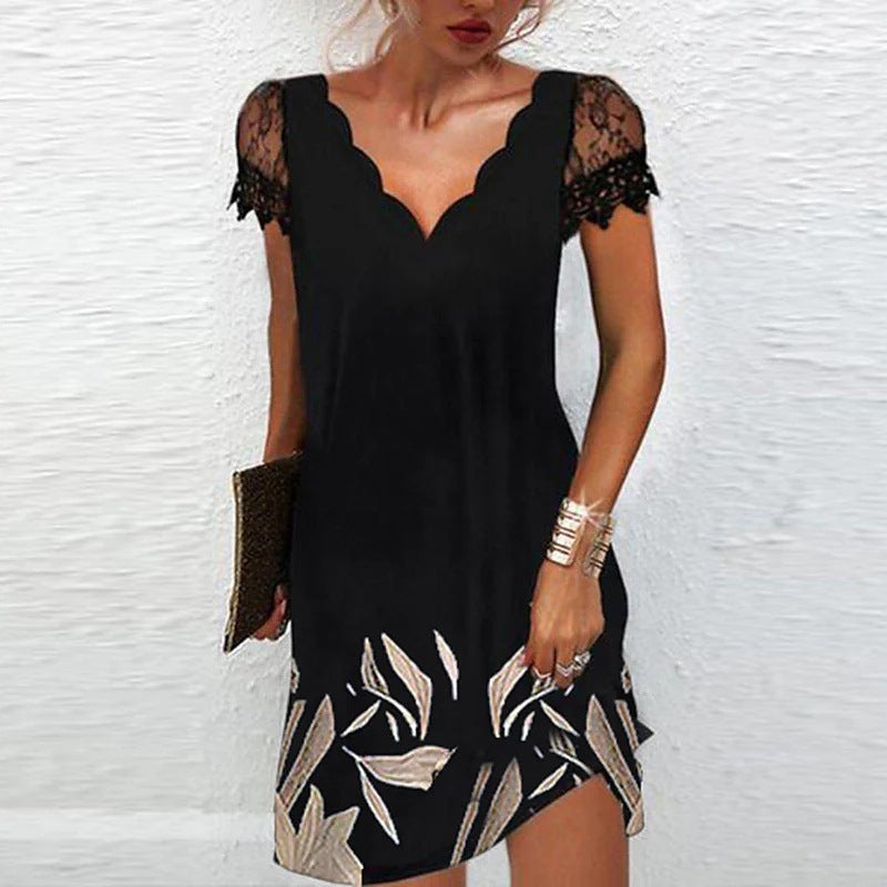 Vivienne | Scallop V-Neck Lace Sleeve Mini Dress