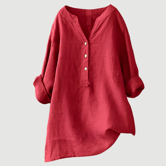 Billie | V-Neck Henley Button Roll Sleeve Asymmetric Hem Linen Tunic Shirt