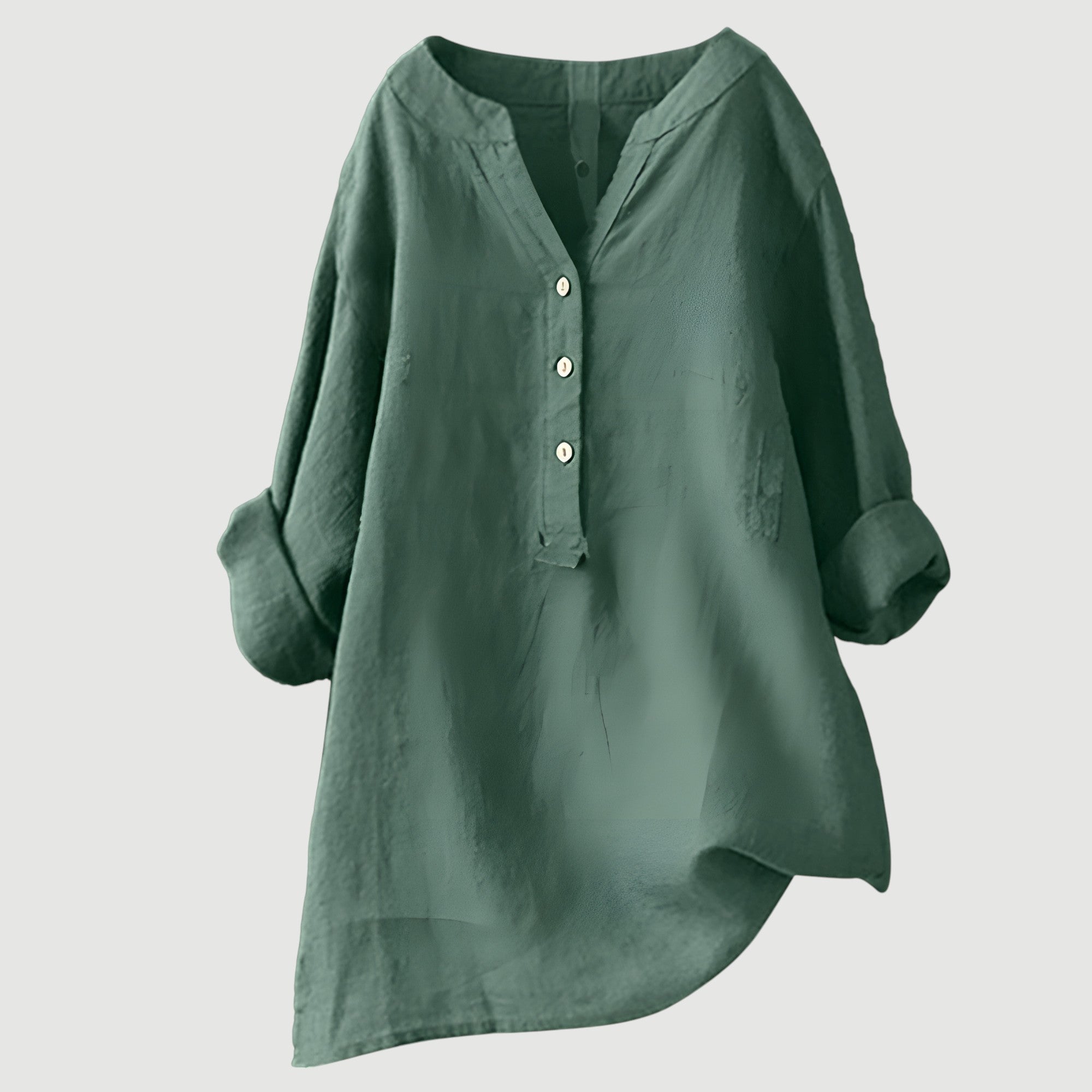 Billie | V-Neck Henley Button Roll Sleeve Asymmetric Hem Linen Tunic Shirt