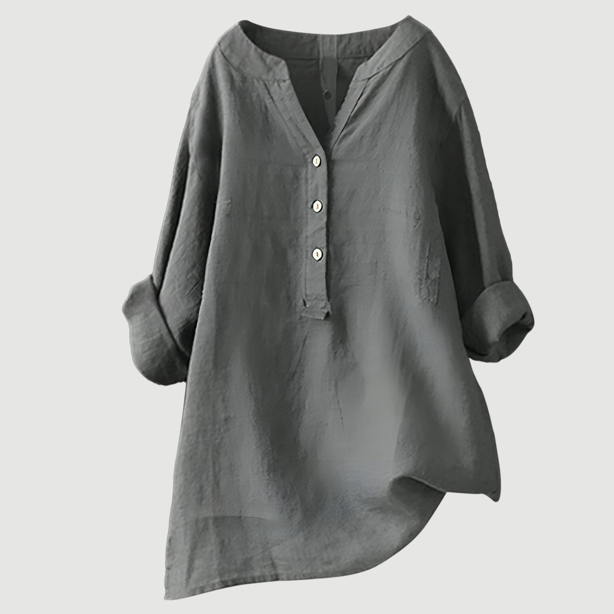 Billie | V-Neck Henley Button Roll Sleeve Asymmetric Hem Linen Tunic Shirt