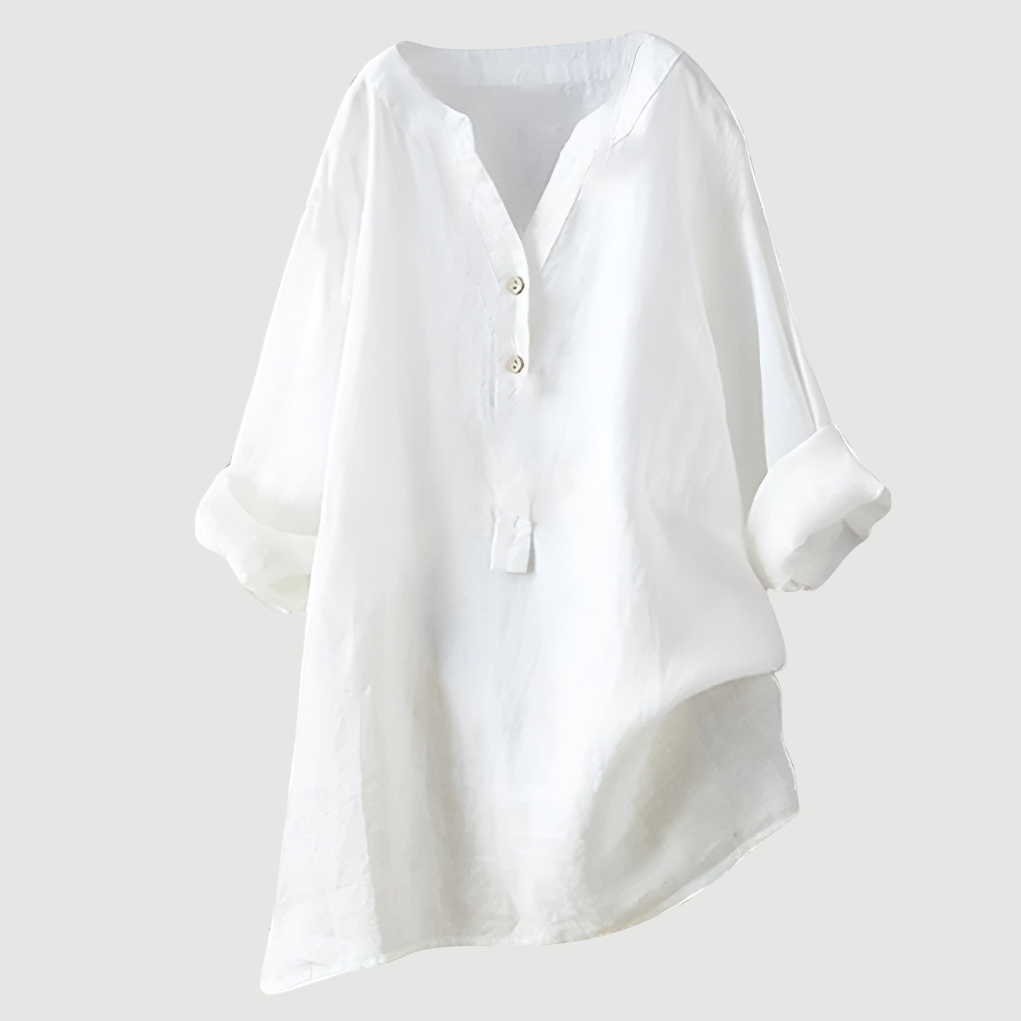 Billie | V-Neck Henley Button Roll Sleeve Asymmetric Hem Linen Tunic Shirt