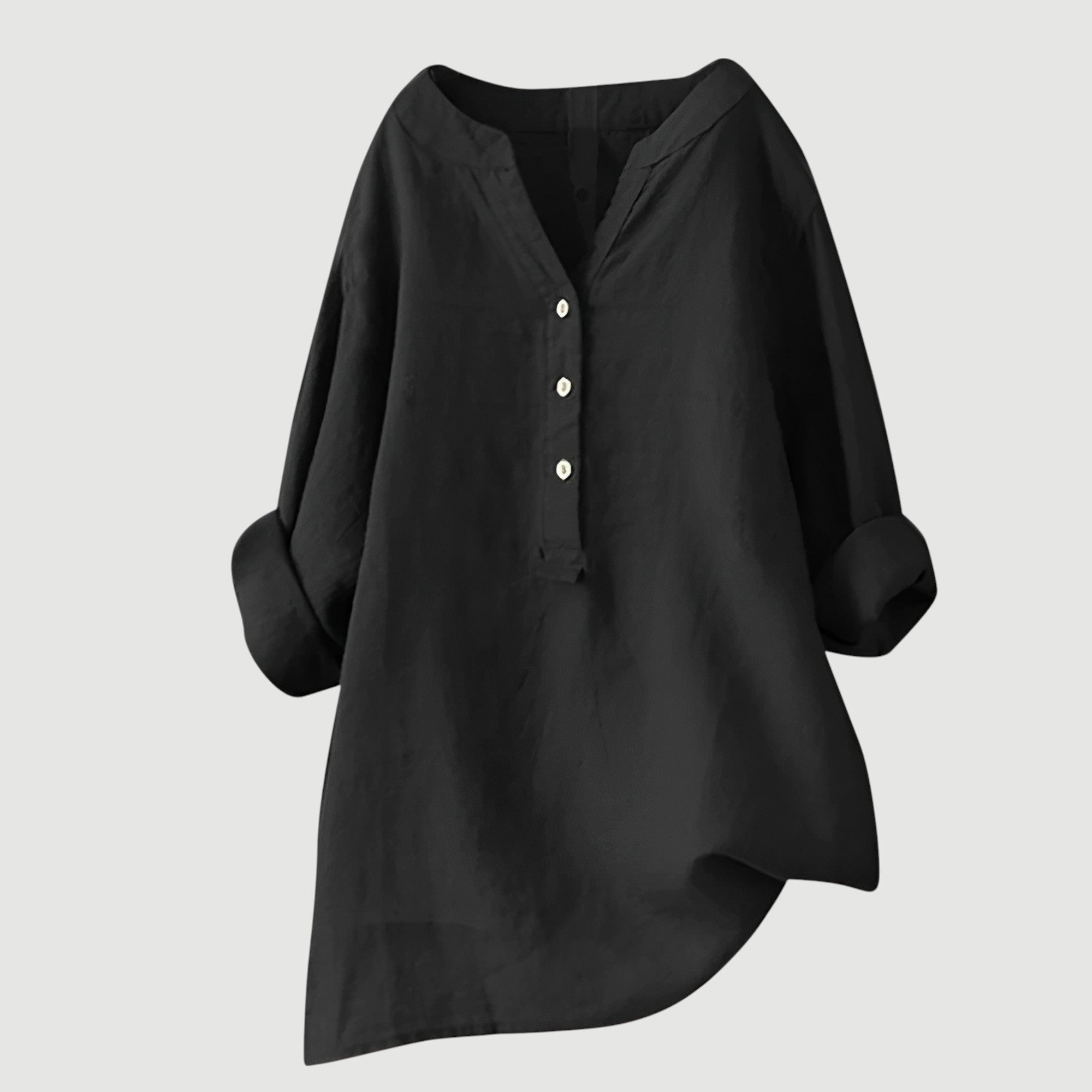 Billie | V-Neck Henley Button Roll Sleeve Asymmetric Hem Linen Tunic Shirt