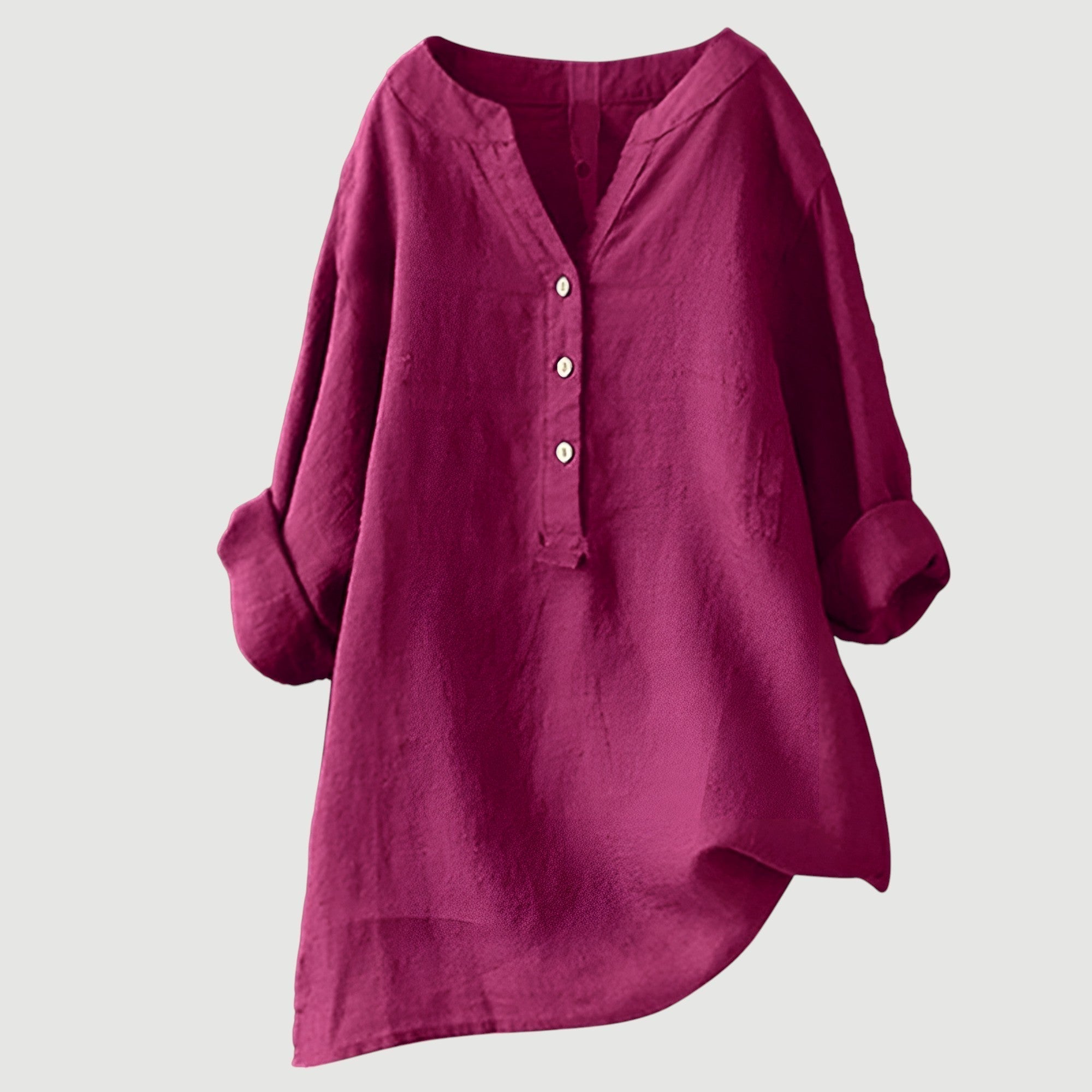 Billie | V-Neck Henley Button Roll Sleeve Asymmetric Hem Linen Tunic Shirt