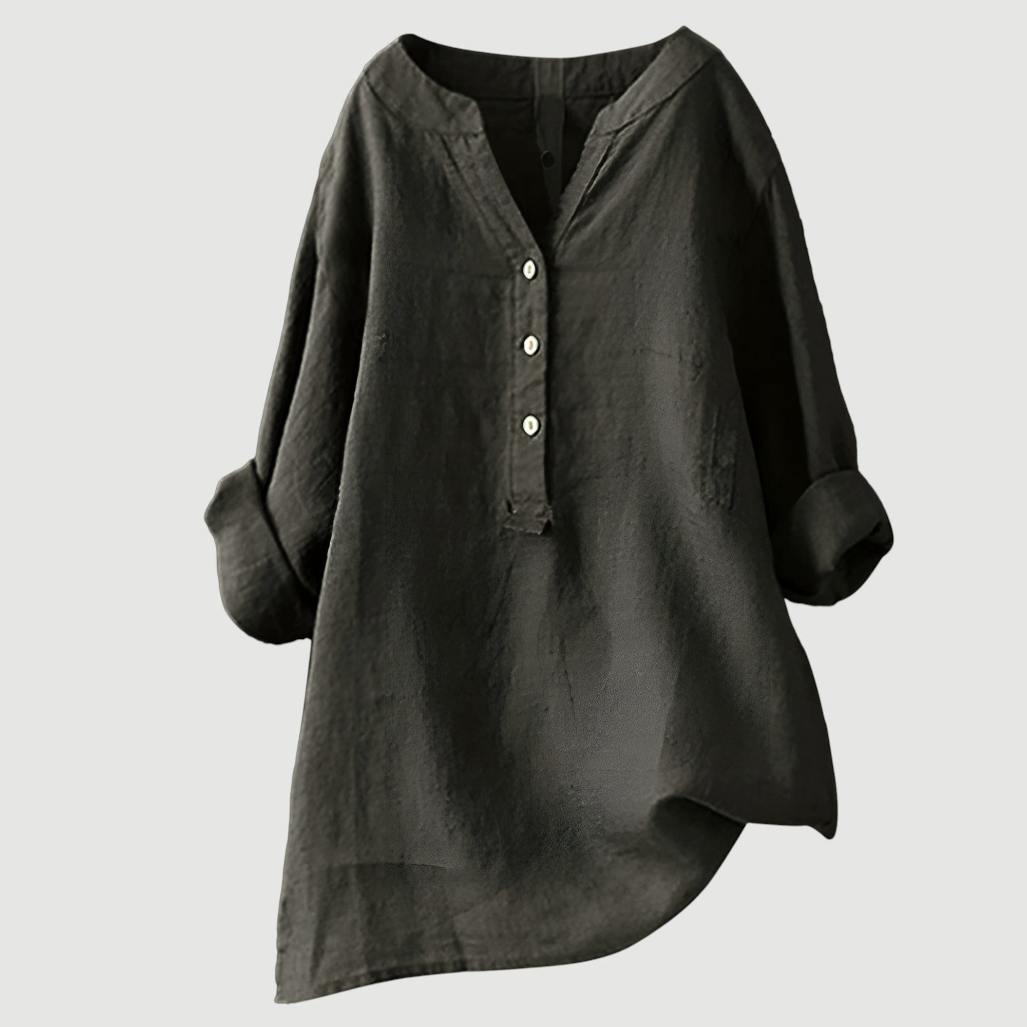 Billie | V-Neck Henley Button Roll Sleeve Asymmetric Hem Linen Tunic Shirt