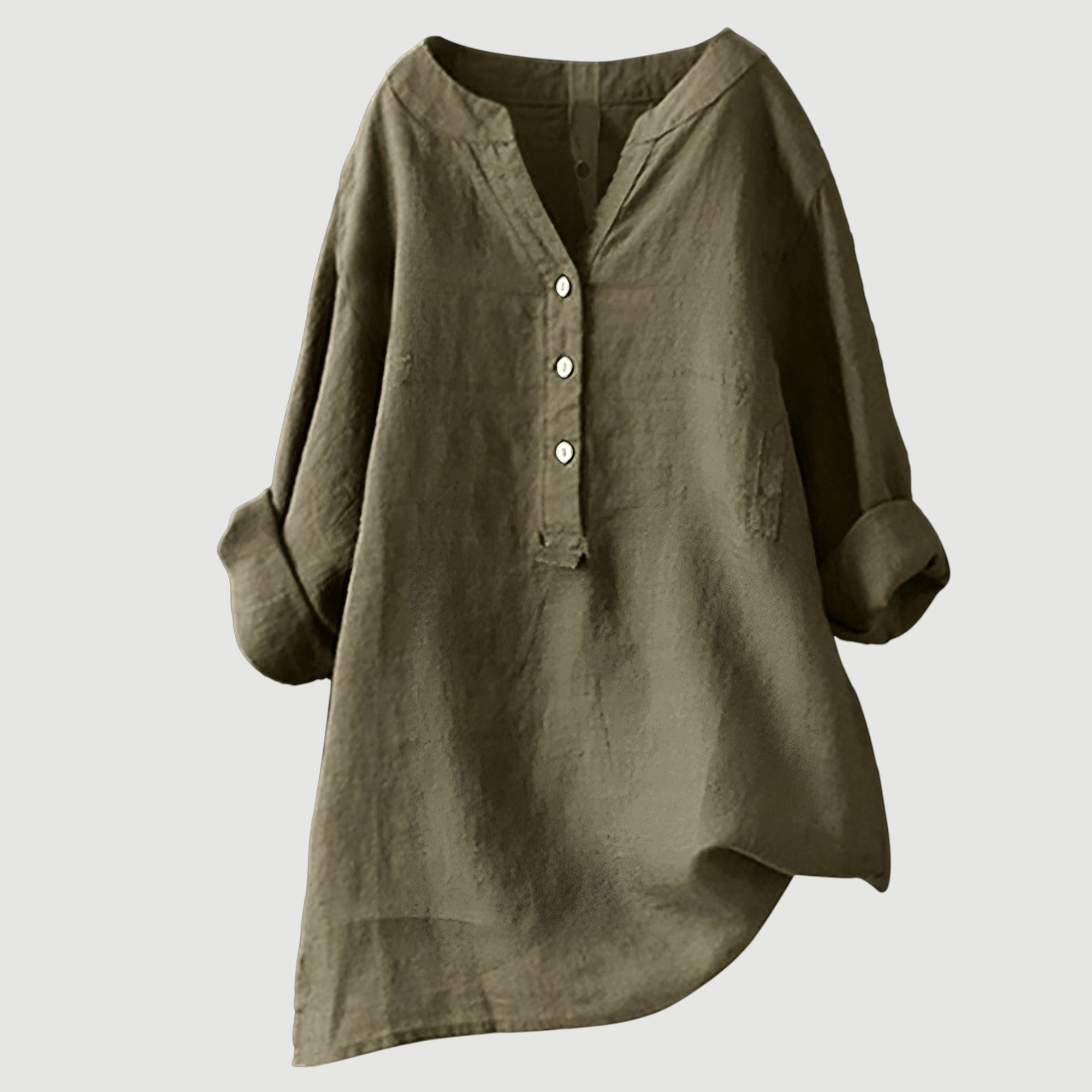 Billie | V-Neck Henley Button Roll Sleeve Asymmetric Hem Linen Tunic Shirt