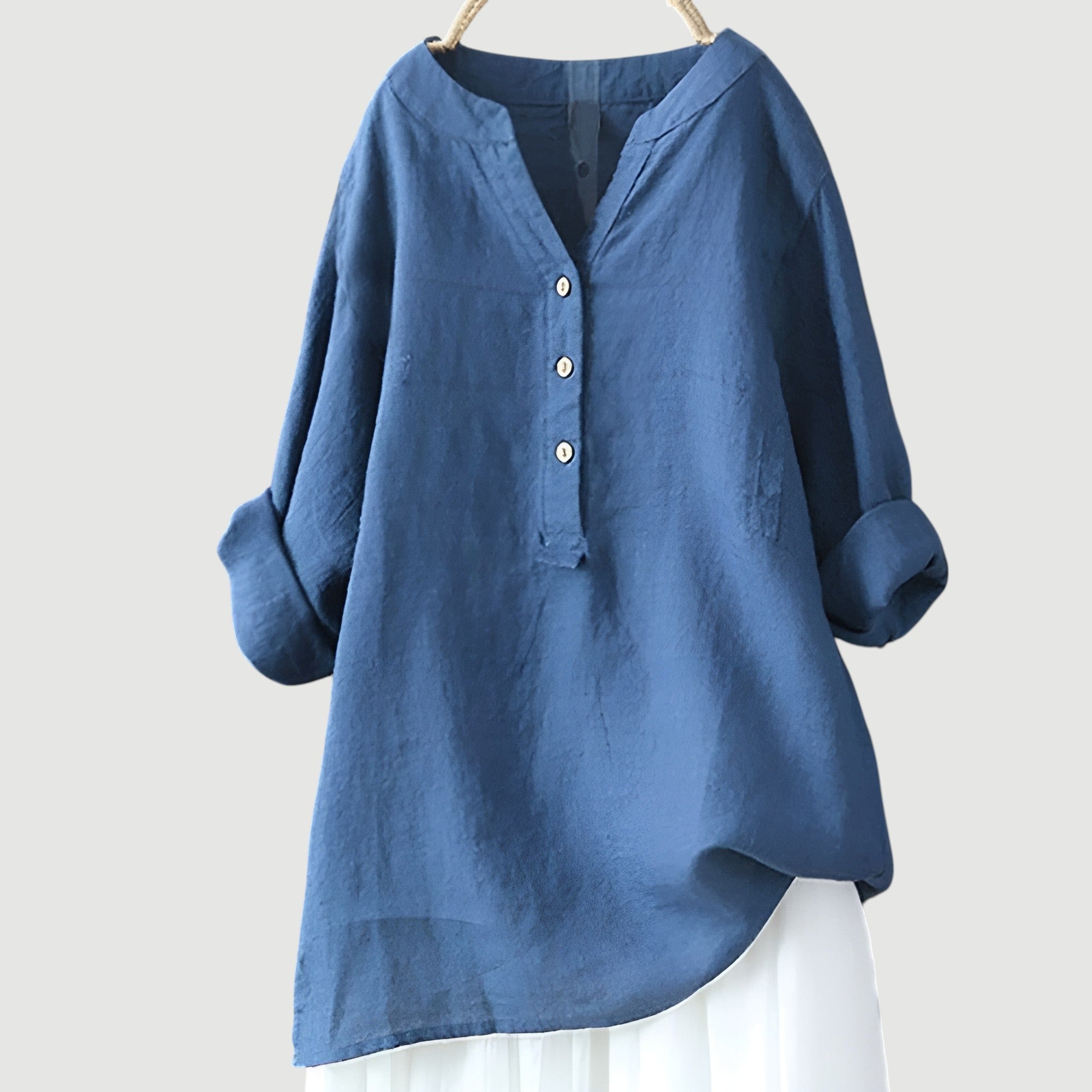 Billie | V-Neck Henley Button Roll Sleeve Asymmetric Hem Linen Tunic Shirt