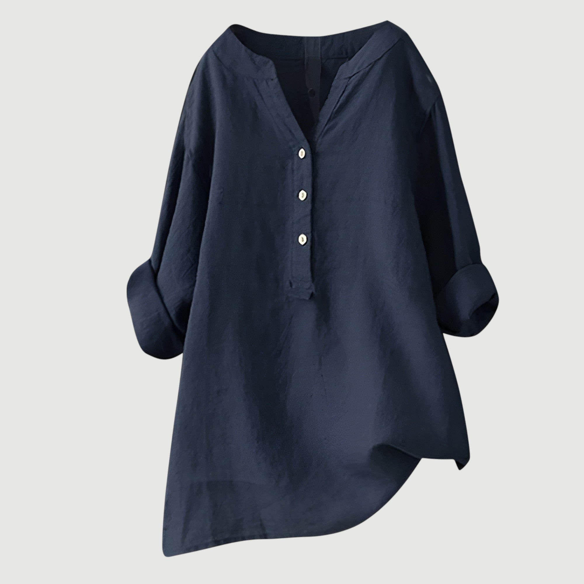 Billie | V-Neck Henley Button Roll Sleeve Asymmetric Hem Linen Tunic Shirt