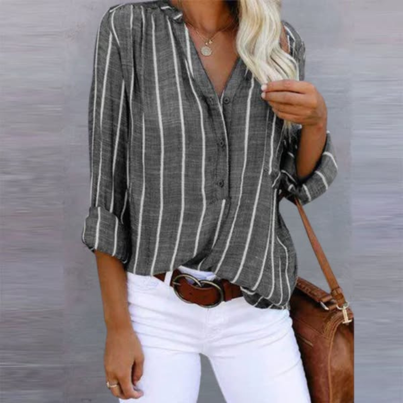 Tara | V-Neck Striped Button-Front Long Sleeve Relaxed Shirt