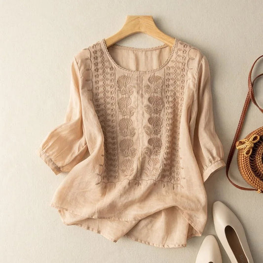 Rosa | Round Neck Floral Embroidered Three-Quarter Sleeve Linen Blouse