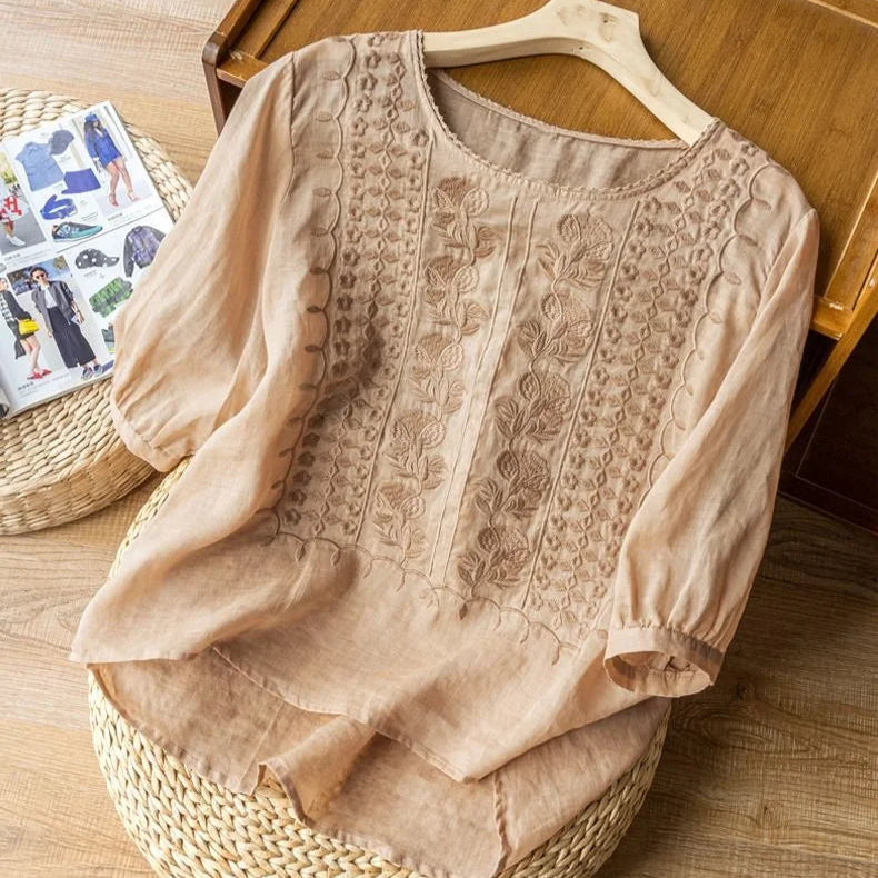 Rosa | Round Neck Floral Embroidered Three-Quarter Sleeve Linen Blouse