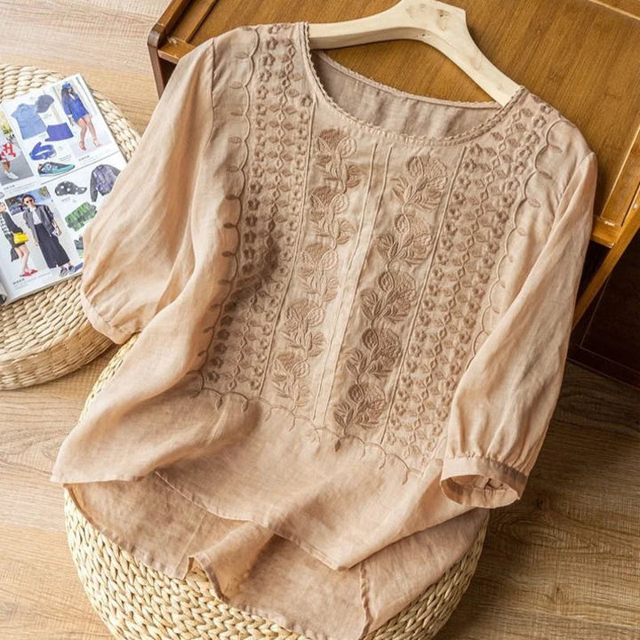 Rosa | Round Neck Floral Embroidered Three-Quarter Sleeve Linen Blouse