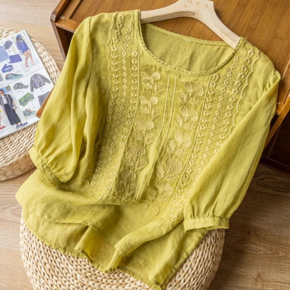 Rosa | Round Neck Floral Embroidered Three-Quarter Sleeve Linen Blouse