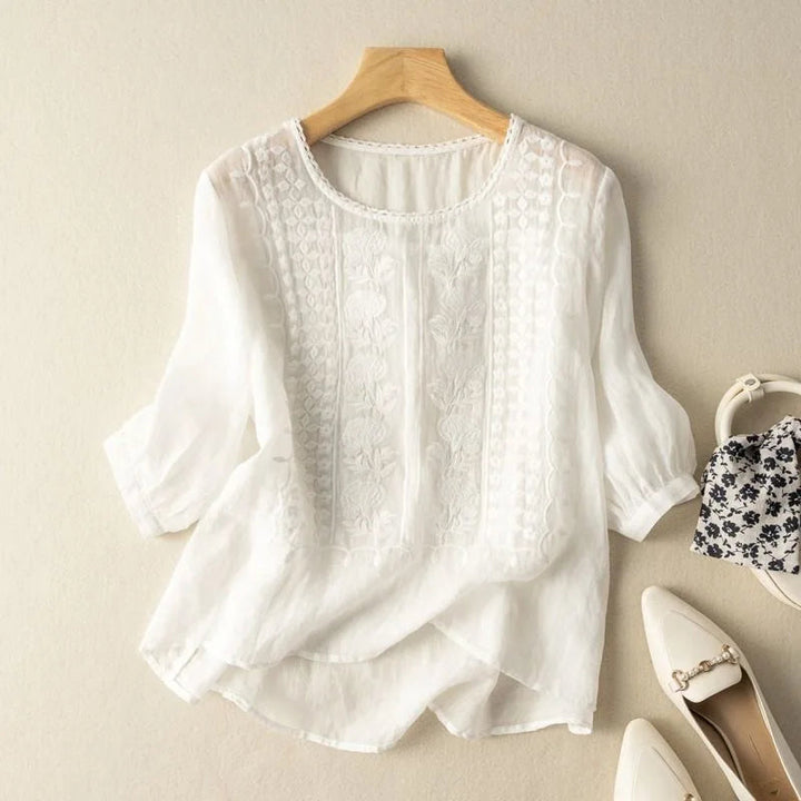 Rosa | Round Neck Floral Embroidered Three-Quarter Sleeve Linen Blouse