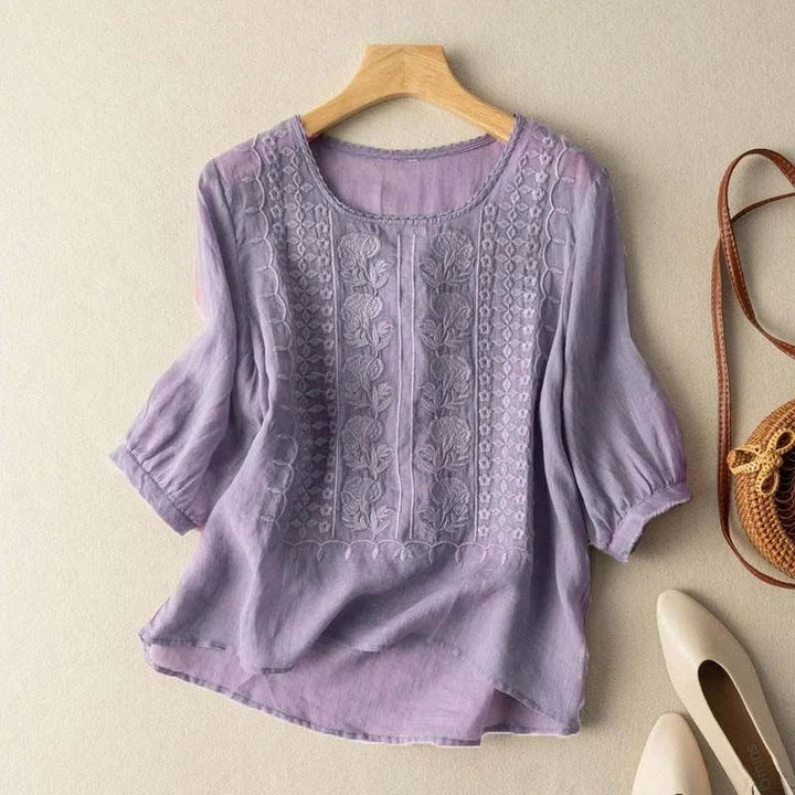 Rosa | Round Neck Floral Embroidered Three-Quarter Sleeve Linen Blouse