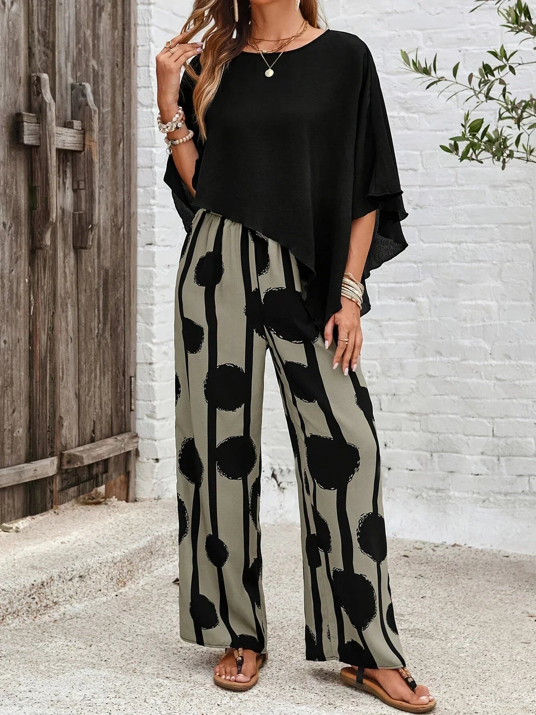 Mila | Batwing Knit Top & Polka Dot Wide-Leg Trousers Set