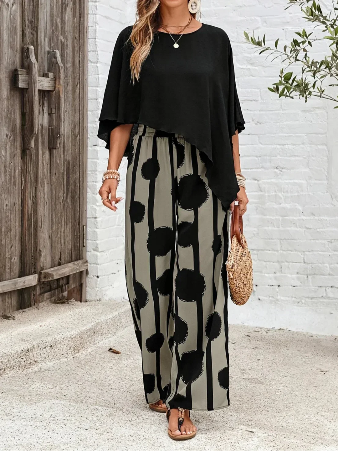 Mila | Batwing Knit Top & Polka Dot Wide-Leg Trousers Set