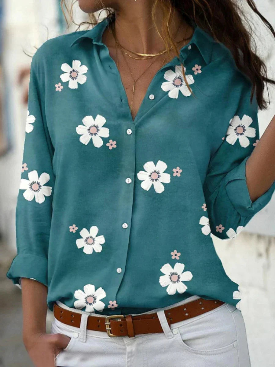 Poppy | Point Collar Floral Print Button-Front Long Sleeve Relaxed Shirt