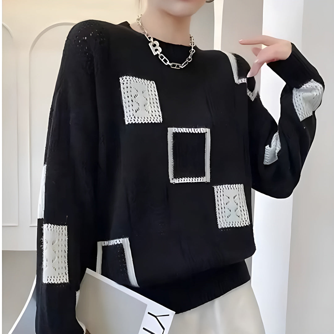Vivian | Geometric Block Print Crew Neck Long Sleeve Knit Sweater