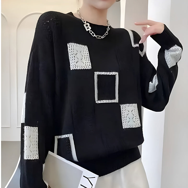 Vivian | Geometric Block Print Crew Neck Long Sleeve Knit Sweater