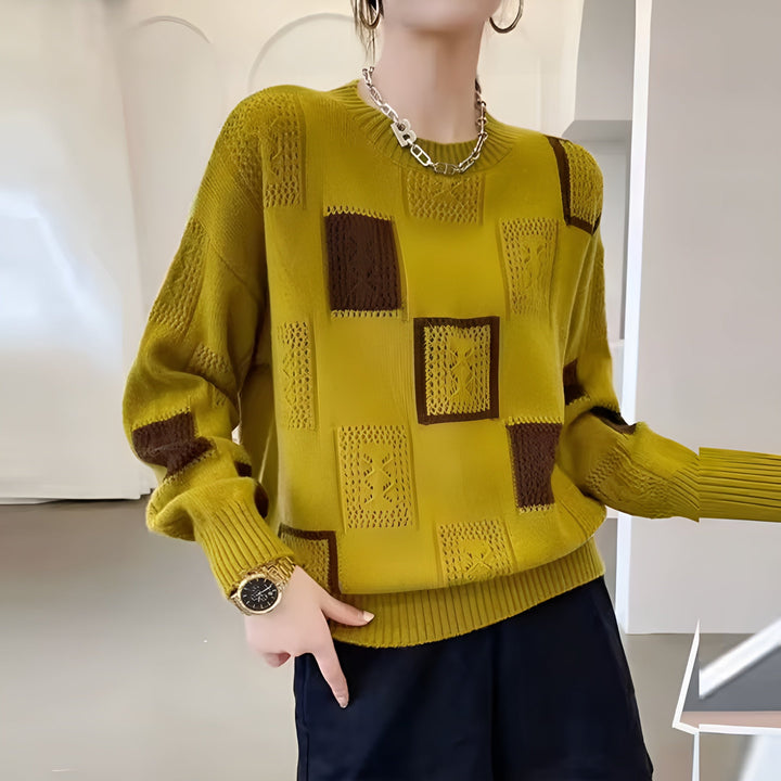 Vivian | Geometric Block Print Crew Neck Long Sleeve Knit Sweater