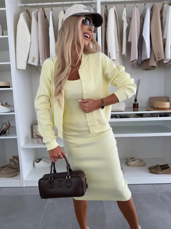 Riviera | Ribbed Knit Midi Dress & Button-Up Cardigan Set