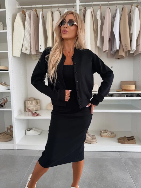 Riviera | Ribbed Knit Midi Dress & Button-Up Cardigan Set