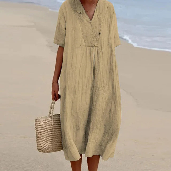 Brisa | V-Neck Short Sleeve Relaxed Linen Maxi Dress