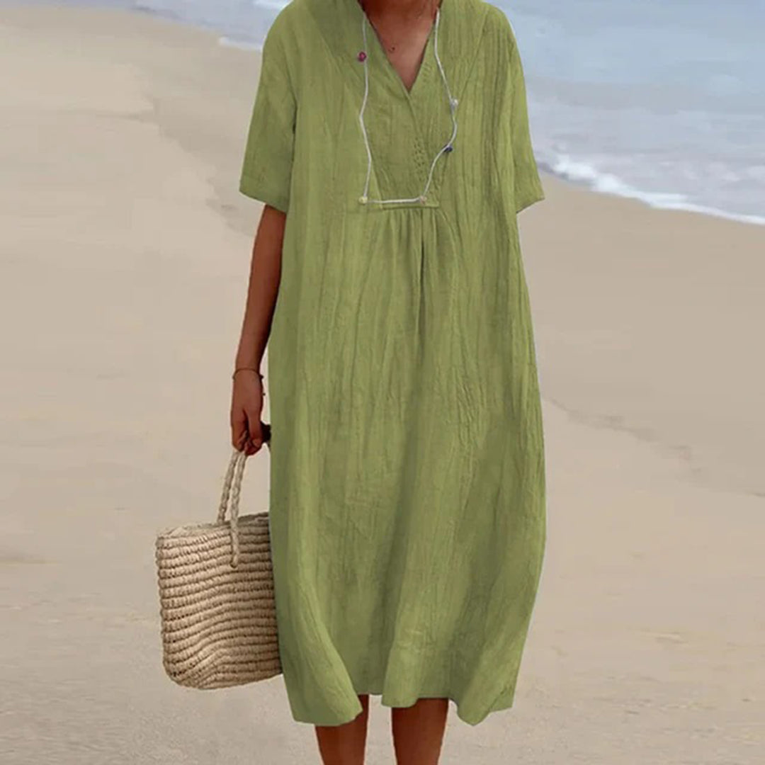 Brisa | V-Neck Short Sleeve Relaxed Linen Maxi Dress