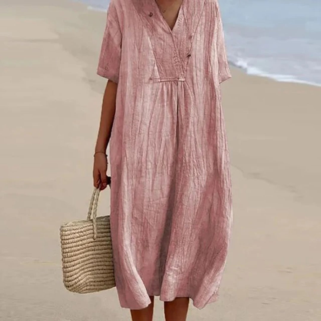 Brisa | V-Neck Short Sleeve Relaxed Linen Maxi Dress