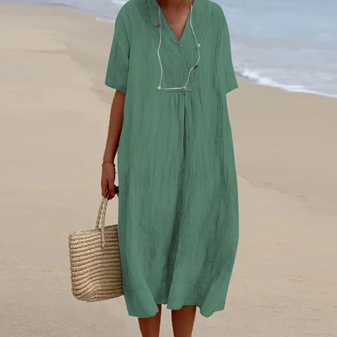 Brisa | V-Neck Short Sleeve Relaxed Linen Maxi Dress