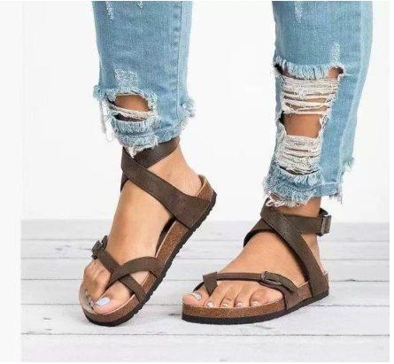 Mia | Cross Strap Toe Loop Buckle Flat Cork Sandals