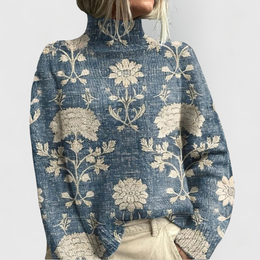 Flora | Floral Tapestry Turtleneck Long Sleeve Knit Sweater