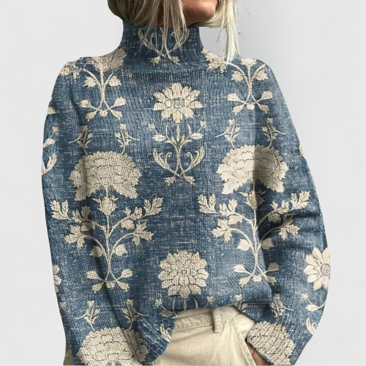 Flora | Floral Tapestry Turtleneck Long Sleeve Knit Sweater