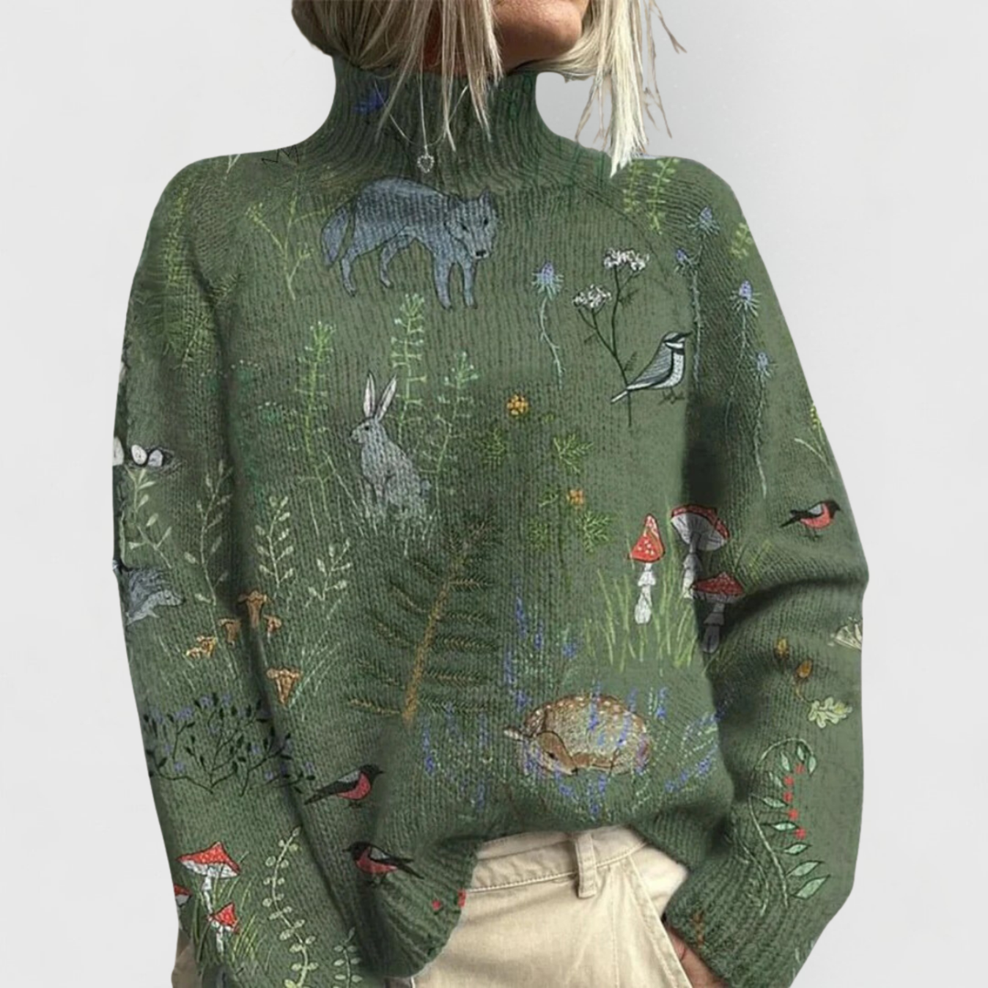 Flora | Floral Tapestry Turtleneck Long Sleeve Knit Sweater