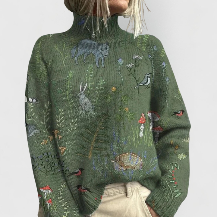 Flora | Floral Tapestry Turtleneck Long Sleeve Knit Sweater