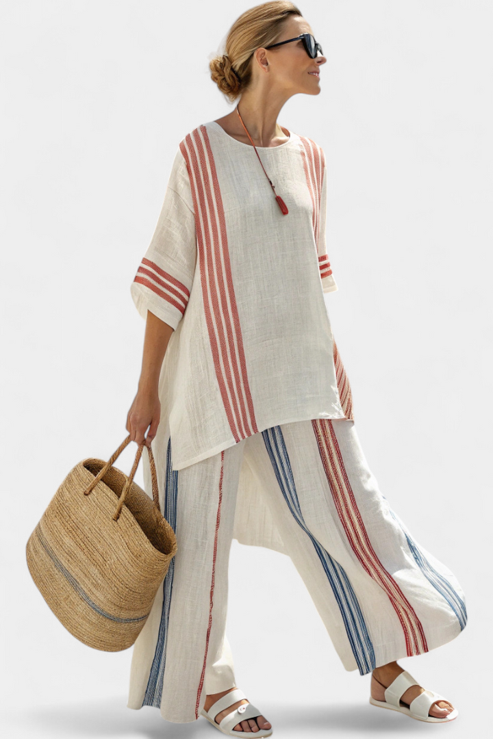 Maison | Colour-Block Linen Oversized Top & Wide-Leg Trousers Set