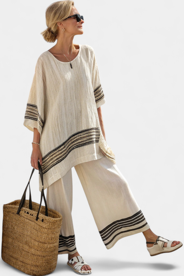 Maison | Colour-Block Linen Oversized Top & Wide-Leg Trousers Set
