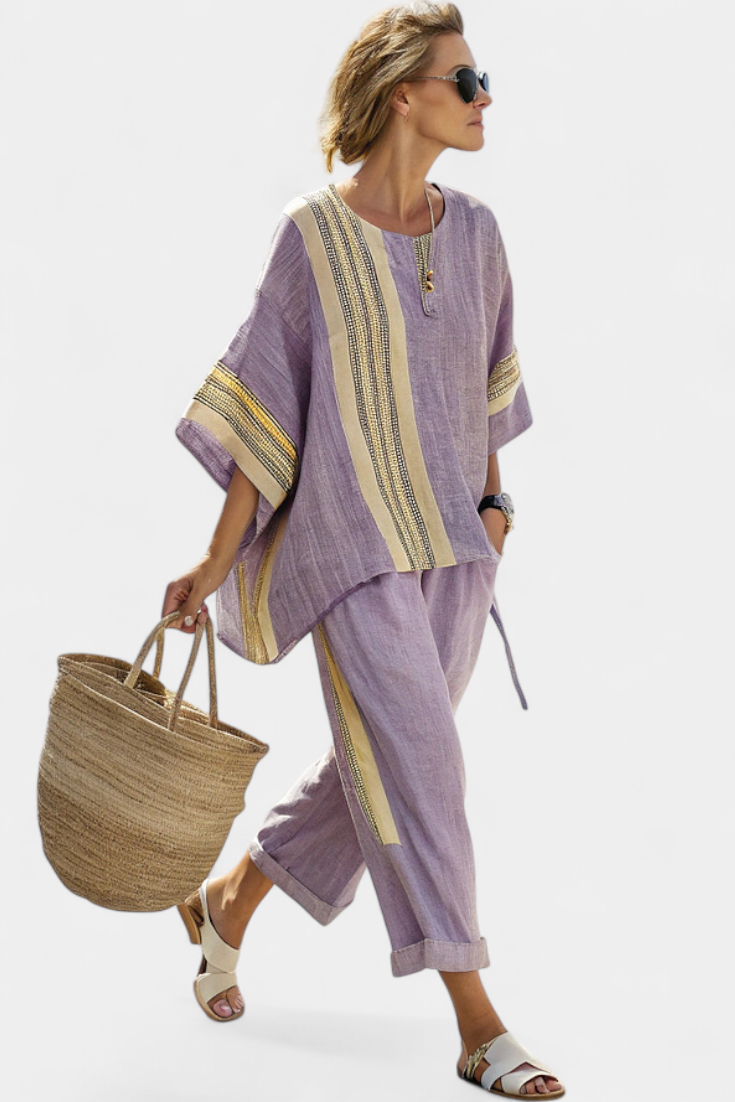 Maison | Colour-Block Linen Oversized Top & Wide-Leg Trousers Set