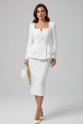 Victoria | Square Neck Double Peplum Long Sleeve Blazer & Pencil Skirt Set