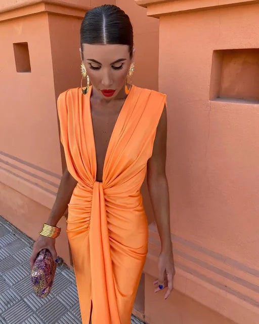 Zara | Deep V-Neck Twist-Knot Sleeveless Maxi Dress
