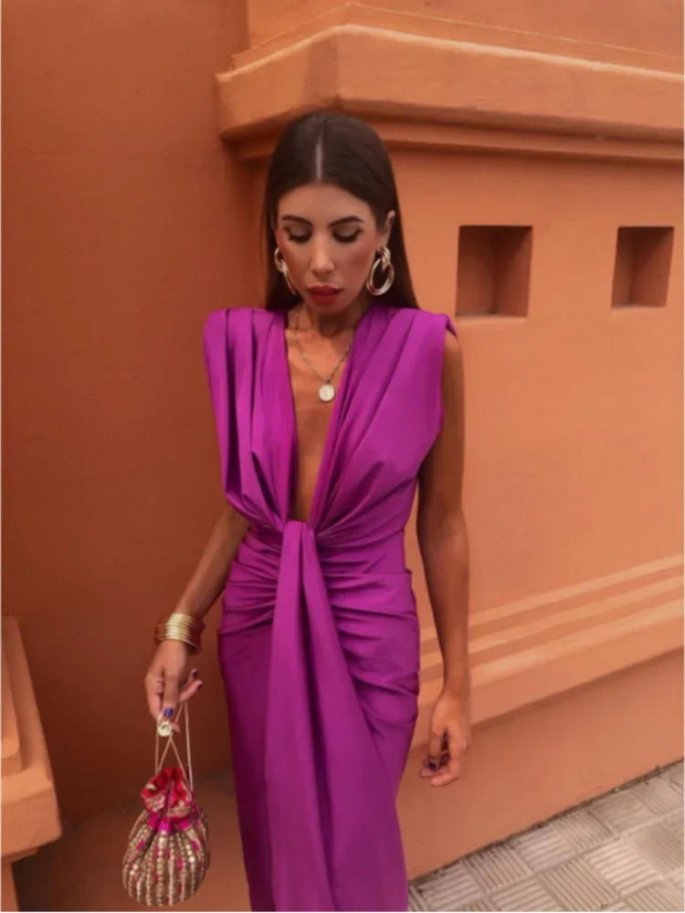 Zara | Deep V-Neck Twist-Knot Sleeveless Maxi Dress