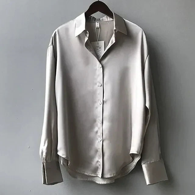 Sienna | Point Collar Button-Front Long Sleeve Relaxed Satin Blouse